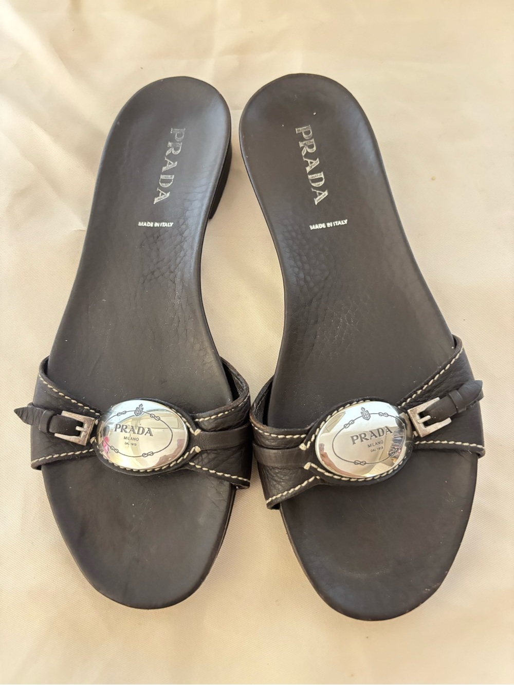 Prada Black Leather Slide Mules with Silver Logo Medallions - Picture 4 of 5